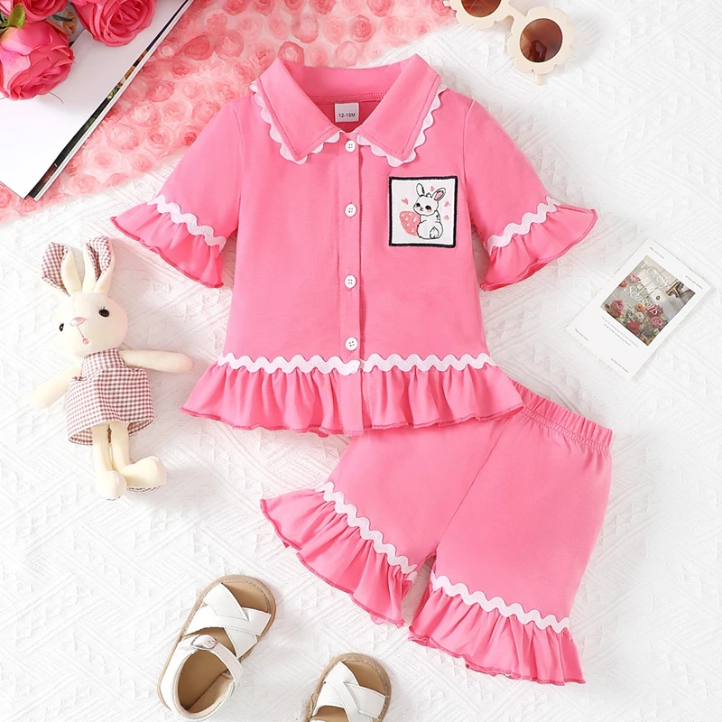 Newborn Baby Sleepwear 0-3Y Baby Girls Summer Pajama Set Short Sleeve Lapel Button Down Shirts Tops + Ruffle Shorts Toddler Sleepwear Kids Loungewear