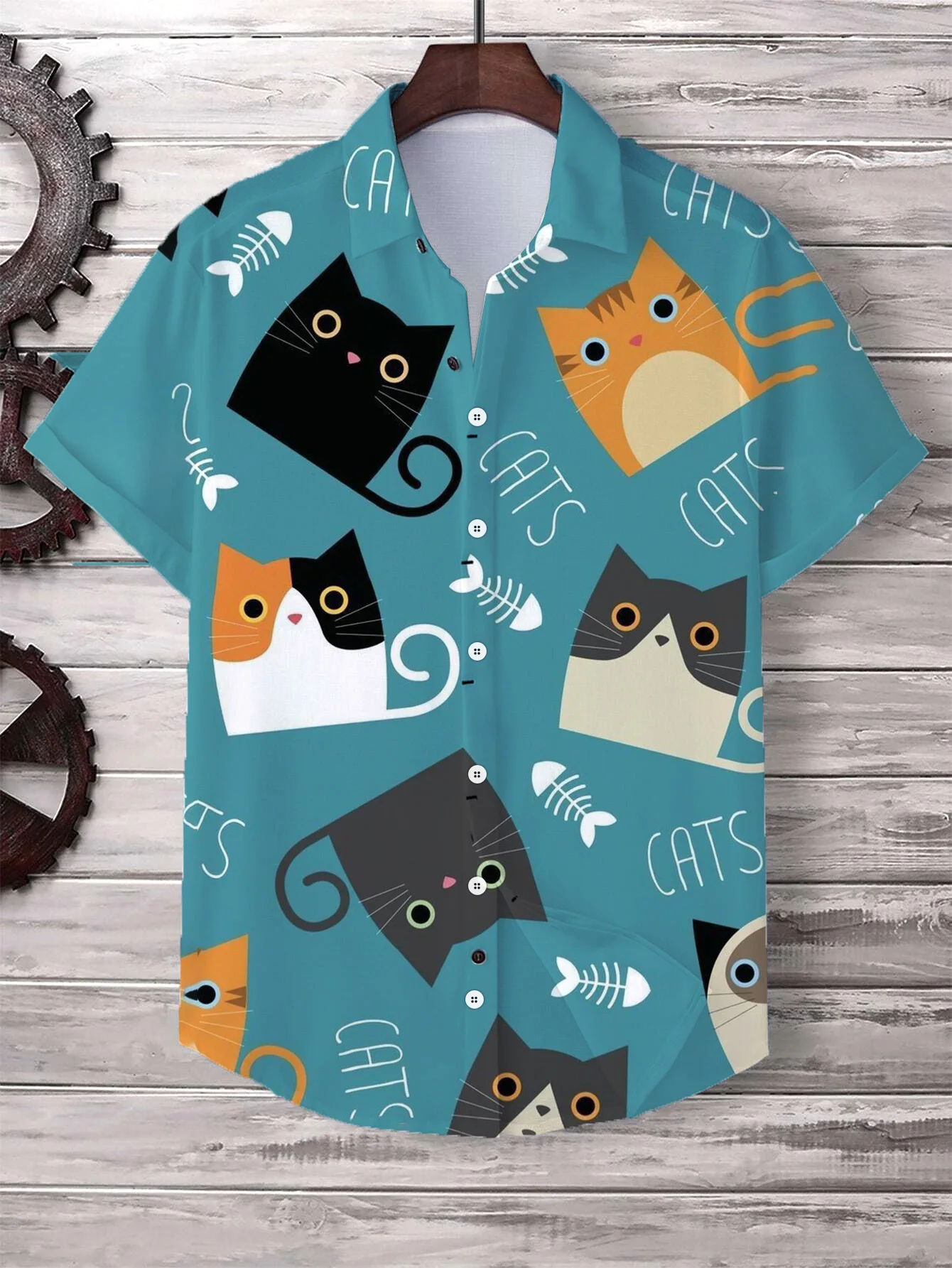 Hawaii Men's Shirt Cute Cartoon Cat 3D Printed Tops Casual Women Short Sleeves Shirts Button Lapel Oversized Unisex Clothing 3