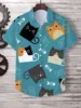 Hawaii Men's Shirt Cute Cartoon Cat 3D Printed Tops Casual Women Short Sleeves Shirts Button Lapel Oversized Unisex Clothing 3