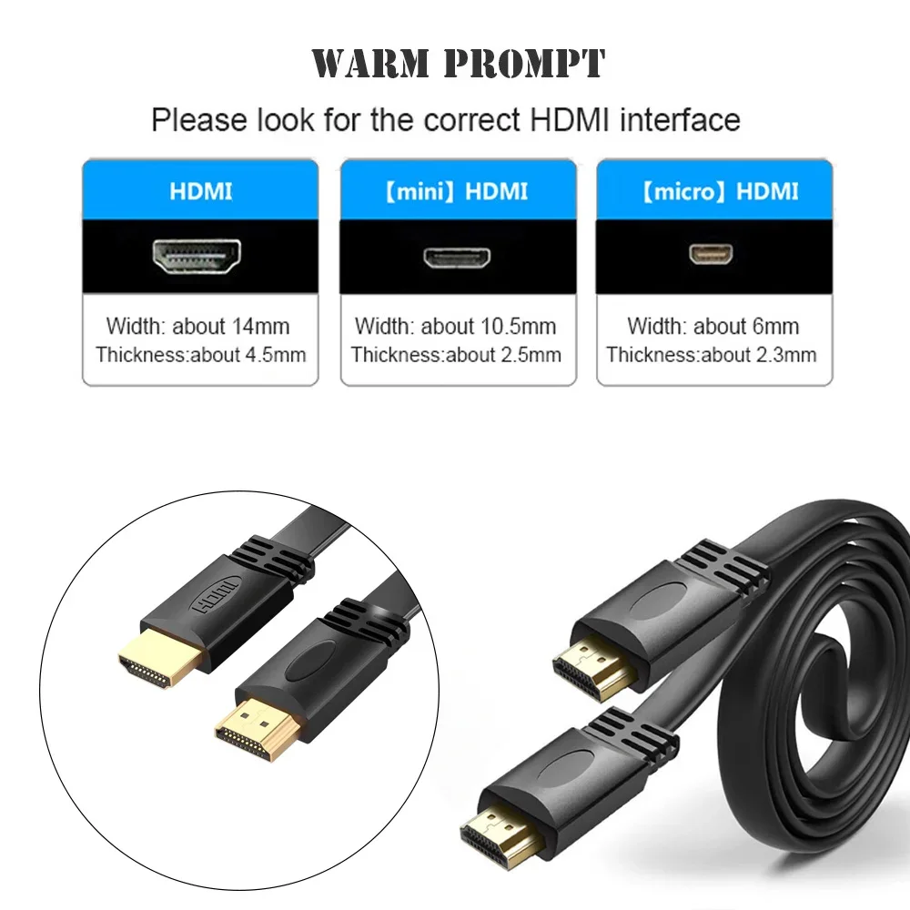1.5m 3m 5m HD HDMI 케이블, 컴퓨터 TV용 금도금 플러그 남성-남성 HDMI 케이블 1.4 버전 플랫 라인 1080p 3D 지원