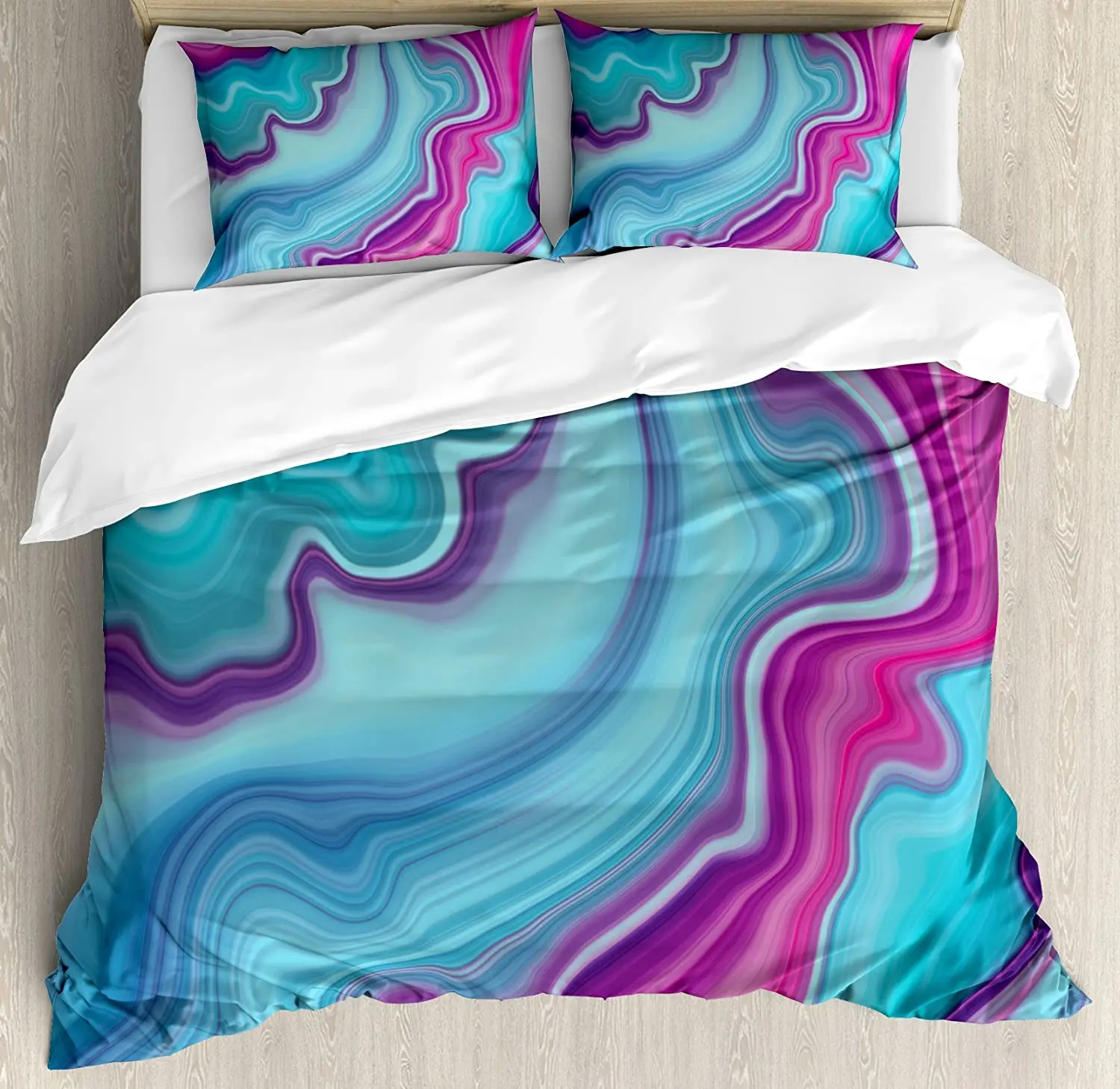 Marble Bedding Set For Bedroom Bed Home Abstract Color Formation Wavy Aqua Pink Lines Aga Duvet Cover Quilt And Pillowcase |