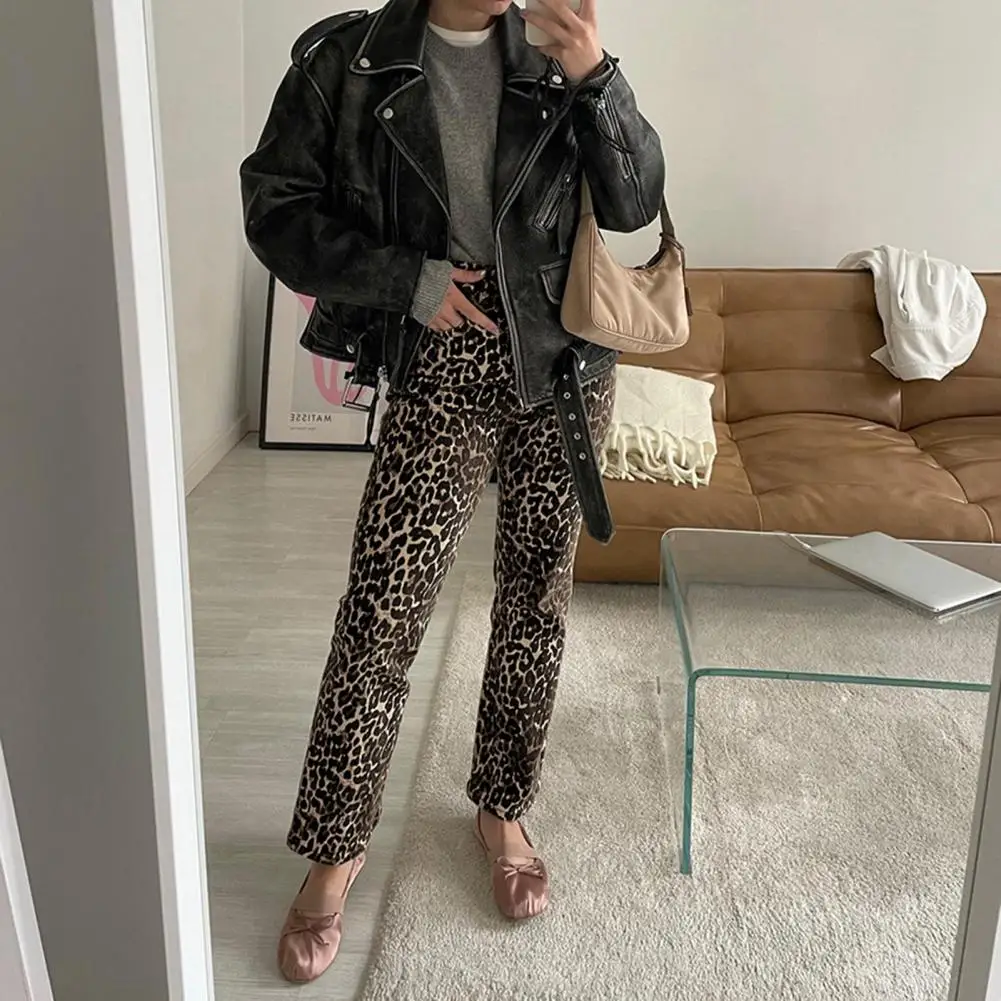 Leopard Print Pencil Pants Leopard Print Slim Fit Pencil Pants for Women with Button Zipper Fly Pockets Mid-rise Long Trousers