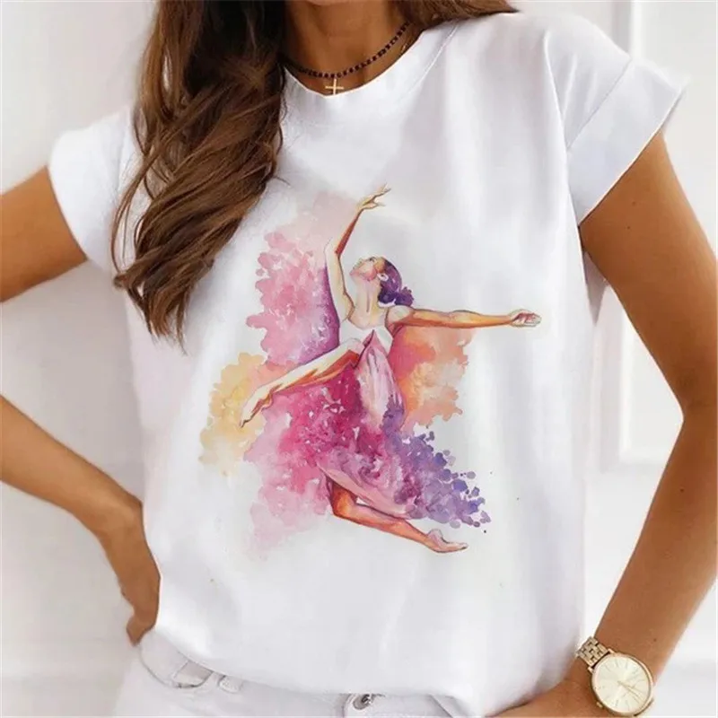 

Fashion Ink Ballet Print Women Harajuku Short-sleeved Shirt Summer O-Neck Casual Female T-shirt Soft Modal Oversized Clothes Top