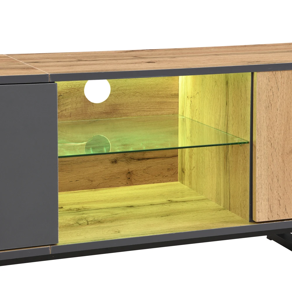 PINGGO TV-Ständer Lowboard mit LED-Lichteffekt Glaspartition Puffer-Scharnier Farblich Abgestimmtes Design Moderner Wohnzimmerschrank – Detail 22