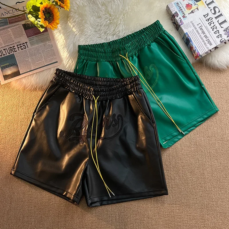 Men Shorts Environmental Friendly Leather Pocket Zipper Drawstring Casual Fashionable Summer Loose Fit Pants men trousers leather shorts