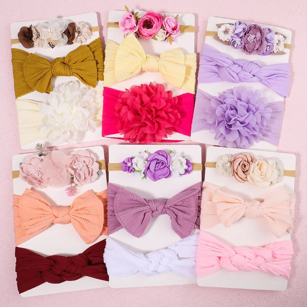 

3/4/5pcs Artificial Flower Headband Set for Baby Girls Floral Hair Bands Newborn Toddler Elastic Soft Nylon Hair Accessories