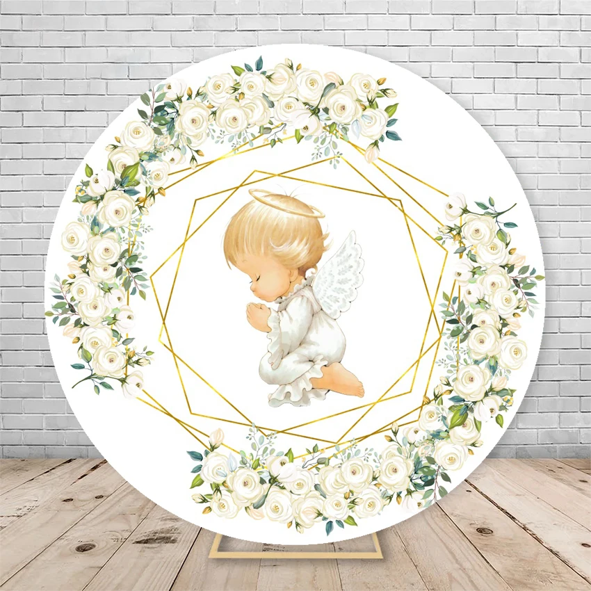 Renaiss 2.3x2.3m Il mio Battesimo Fondale tondo Fiori rosa Ragazze Prima comunione Sfondo di fotografia Tessuto in poliestere Decorazioni per feste Neonato Baby doccia Compleanno Puntelli fotografici