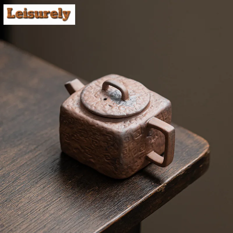 130ml Retro Rough Pottery Square Teapot Ancient Tea Infuser Pot Tea Brewing Kettle with Ball Hole White Tea Tea Services Craft