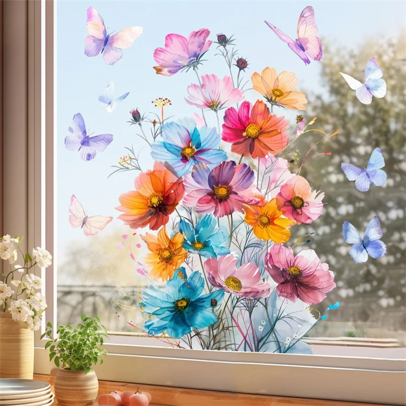 Flowers Butterfly Window Sticker Double Sided Printed Electrostatic Beautiful Spring Coming Style Bedroom Glass Decal Home Decor