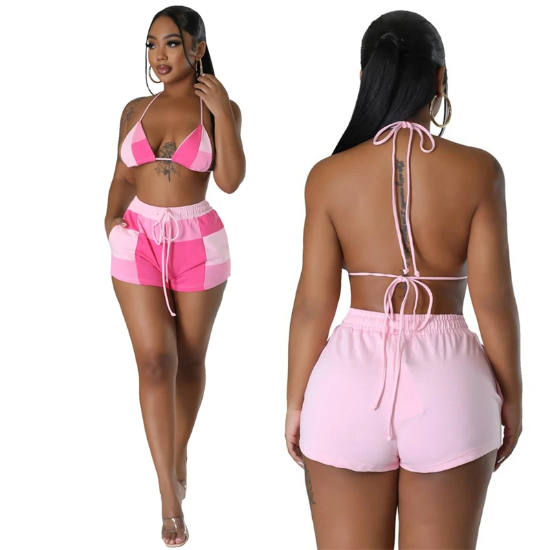 Fitness Plaid Women Two Piece Set Color Block Sexy Lace Up Halter Bra Top Matching Shorts Holiday Beach Suits Streetwear Outfits casual color block 2 piece outfit short sleeve o neck workout top biker shorts matching set fitness comfortable sport streetwear