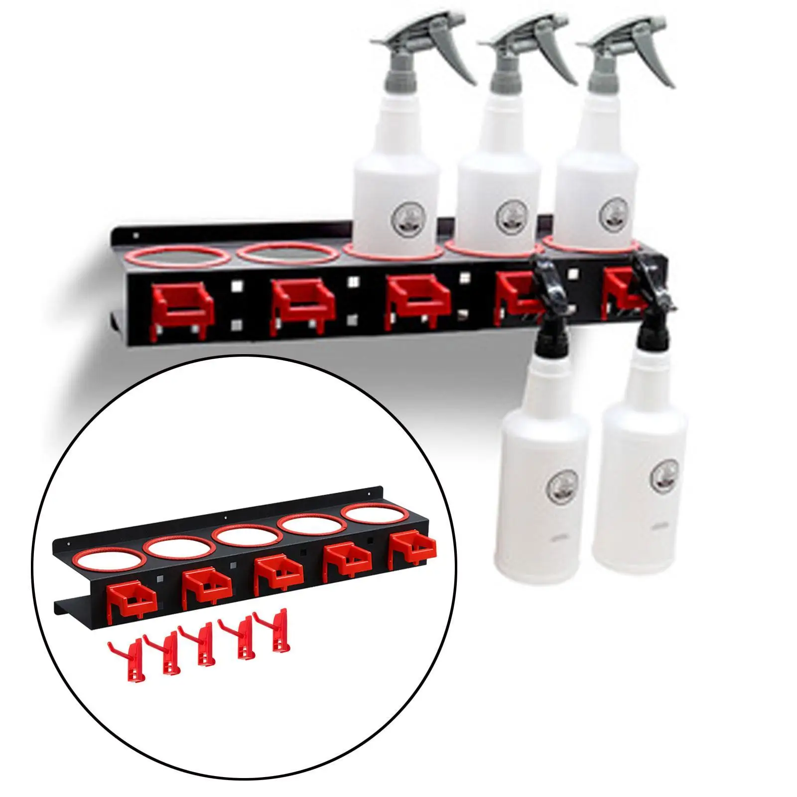 Organizer Da Parete Per Garage Con Portabottiglie Spray E 5 Ganci - Scaffale In Acciaio Per Prodotti Di Pulizia, Dettaglio Auto E Beauty, Rosso/Nero - 2