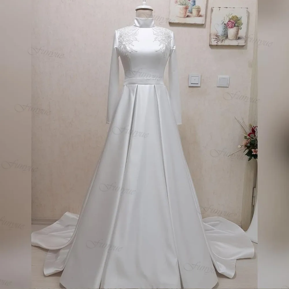 

Элегантное мусульманское свадебное платье с длинным рукавом блестящее атласное платье-трапеция с аппликацией Свадебные платья для невесты Vestido De Noiva Casamento