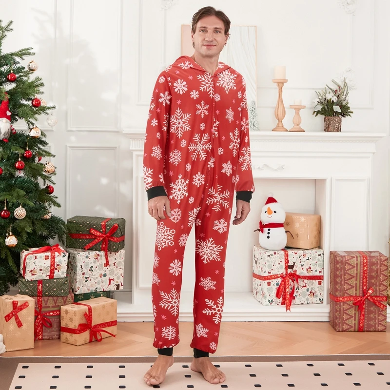 Family Matching Pajamas Christmas Casual Long Sleeve Jumpsuit Zip Hooded Romper Fall Winter Sleepwear