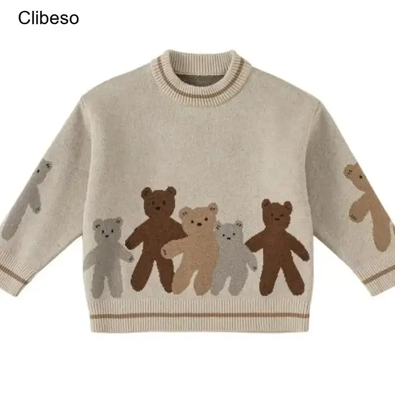 

2024 Clibeso Boy Child Sweater Winter Korean Children's Clothing Kids Cartoon Bear Print Knitted Top Clothes Infants Knitwear