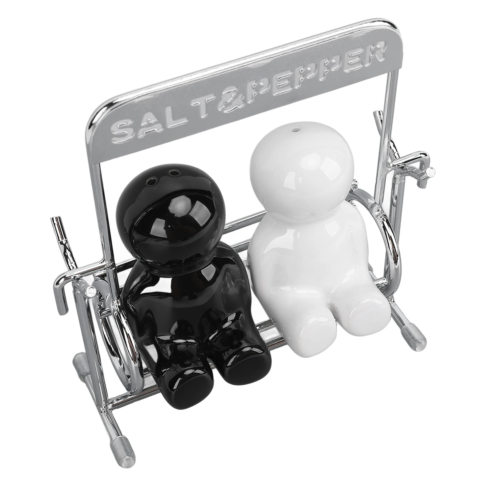 2Pcs Ceramic Spice Shaker Set Kitchen Cute Swing Figure Salt and Pepper Dispensers Black White