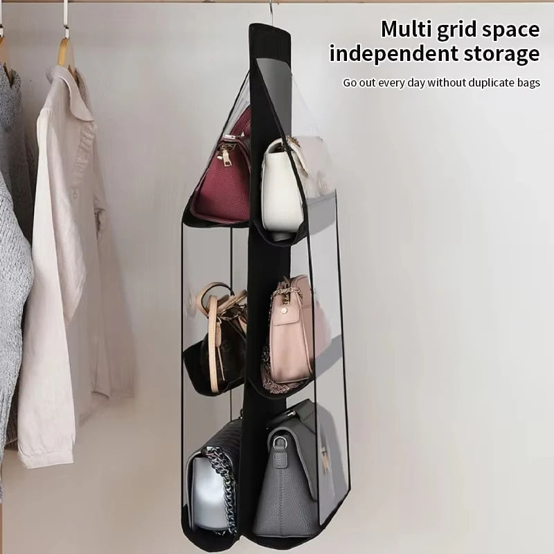 Black Handbag Hanging Organizer Foldable Oxford Cloth Handbag Storage Bag With 6 Pockets For Family Closet Bedroom