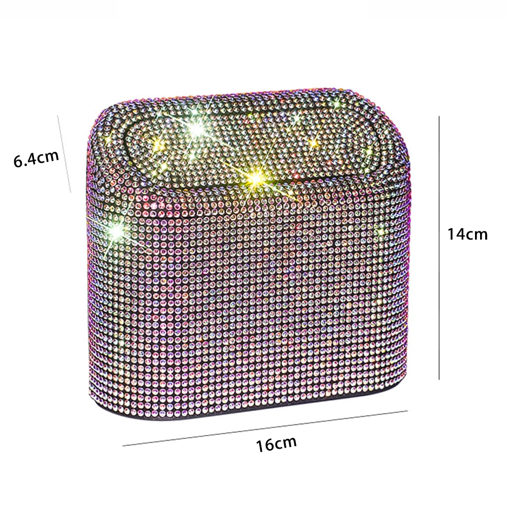 Diamond Crystal Car Trash Can Bin with Lid Leakproof Mini Vehicle Trash Bin Glitter Garbage Dustbin Organizer Container Bag