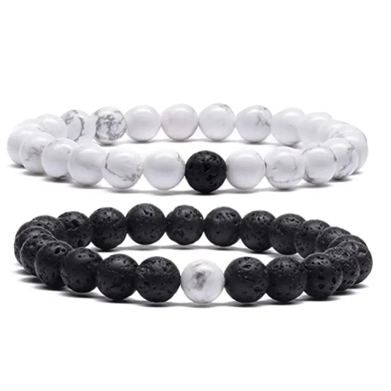 

2Pcs Couples Distance Beads Bracelet Classic Black Matte Volcanic rock Bracelets Suitable Women Men Yoga Elastic Strand Jewelry