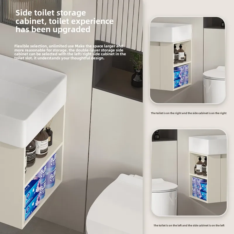 Cream wind wall-mounted solid wood bathroom cabinet combination with side grid, bathroom household ceramic integrated wash basin
