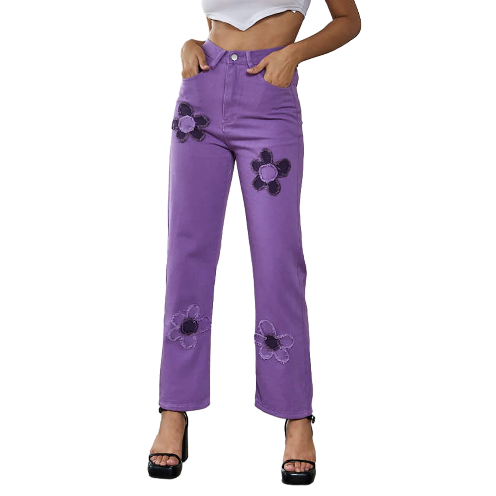 

Women Jeans High Waist Flower Embroidery Frayed Hem Slim Trousers with Pockets Casual Sweatpants Bottoms Pants Daily Streetwear