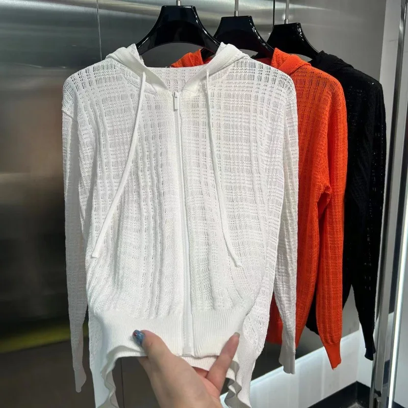 thumbnail image 1 of Sudadera con capucha de malla de color sólido informal de moda nueva de otoño 2024 con cremallera y cordón, camisa de punto de manga larga para hombres, 1 of 4