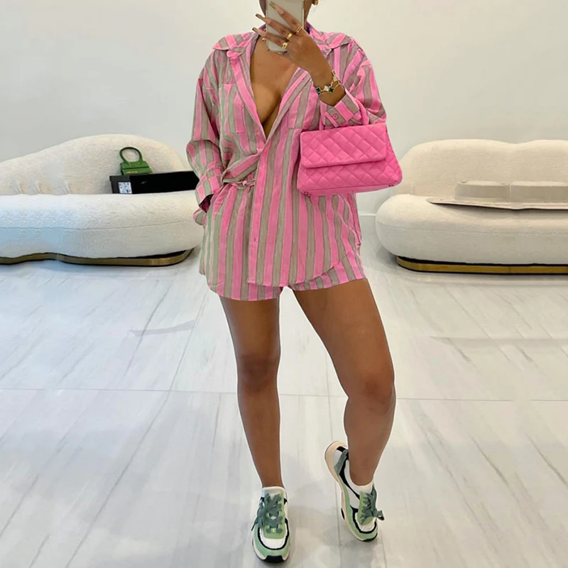 

Модные женские комплекты с шортами, Летние повседневные однотонные полосатые рубашки с принтом и шорты на шнуровке, Женский комплект из двух предметов
