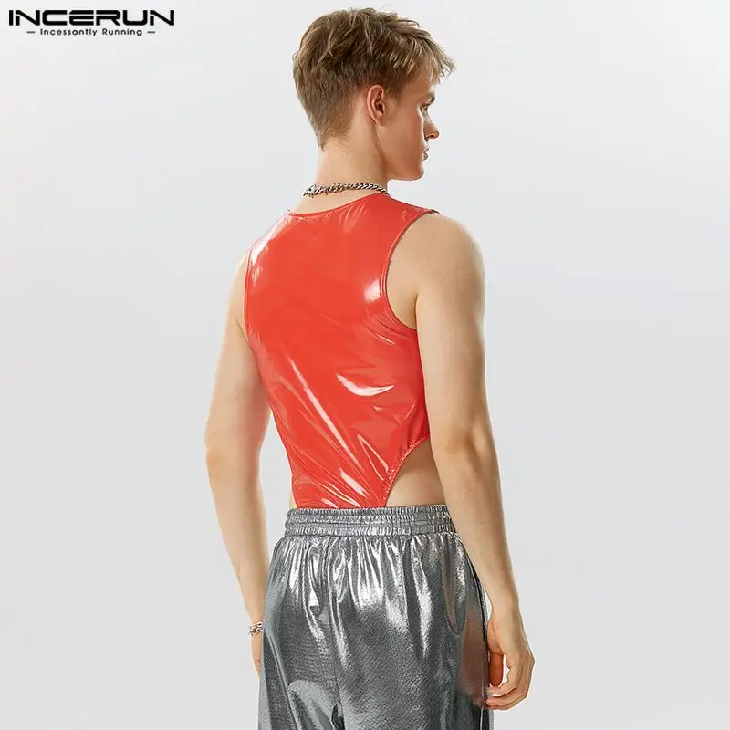 INCERUN 2023 Sexy Homewear New Men's Bodysuits Fashion Male Mirror Leather High Fork Zipper Sleeveless Triangle Jumpsuits S-5XL