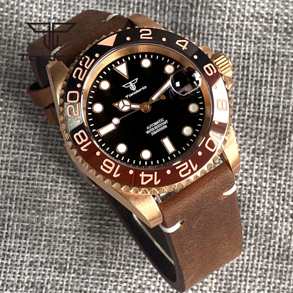 Tandorio Solid CUSN8 Bronze PT5000 NH35A 40mm Automatic Men's Wristwatch Black Dial Sapphire Glass Rotating Bezel Leather Strap