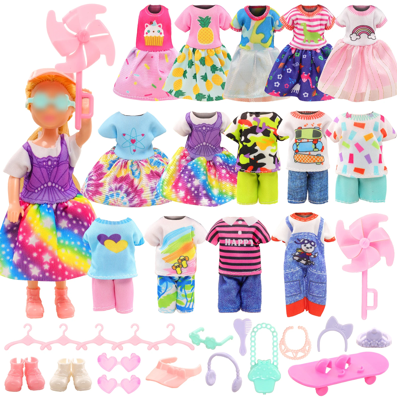 

Barwa 27 Pcs 5.4Inch Fashion For Chelsea Doll Clothes =4 Dress+4 Tops+Pants+2 Shoes+1 Skateboard+16 Other Accessories Kids Girls