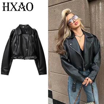 HXAO سترة نسائية كم طويل أسود اقتصاص سترة جلدية الخريف بلايز للمرأة معطف قصير المرأة موتو السائق جاكيت زيبرا