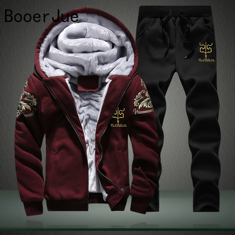 New Winter Tracksuits Men Set Thick Fleece Hoodies+Pants Suit
