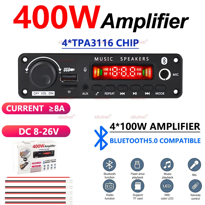 400W 앰프 블루투스 MP3 WMA APE 디코더 보드 DC8-26V 핸즈프리 카 오디오 마이크로폰 USB TF FM 라디오 DIY MP3 음악 플레이어