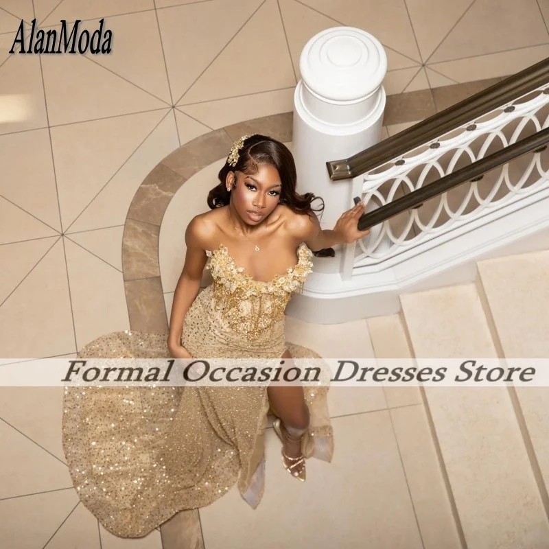 Gold Sequin Prom Dresses Gloves Luxury Mermaid Party Dress