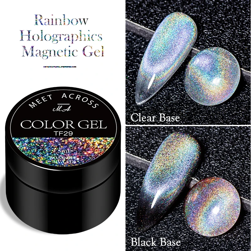 Description Picture 2 of itemMEET ACROSS Rainbow Cat Eye Magnetic Gel 5ml Holographic Laser Glitter Gel Varnish with Jelly Nude Gel Base Soak Off UV Gel