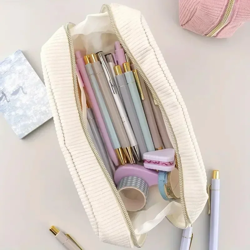 Astuccio Portapenne In Tessuto Coste Retro – Grande Capacità, Beige, Per Scuola E Ufficio – Regalo Teenager