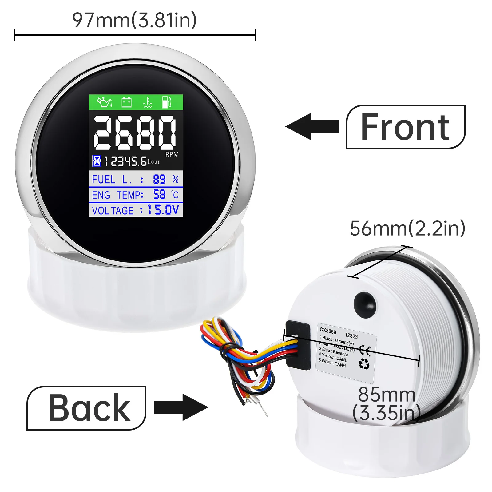 4 in 1 85MM 다기능 RPM 타코미터 + 연료 레벨 + 엔진 온도 전압 12V24V 총 엔진 시간 자동차 게이지  (자동차/보트용)-Freehip.co.kr