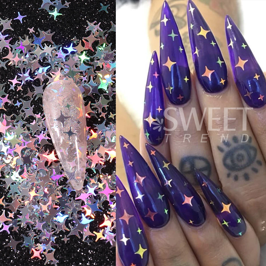3 Bags Holographic Silver Glitter Nail Art Sequins Sparkly Four-pointed Star Shape Flakes Bright Paillette Manicure Decor Slices