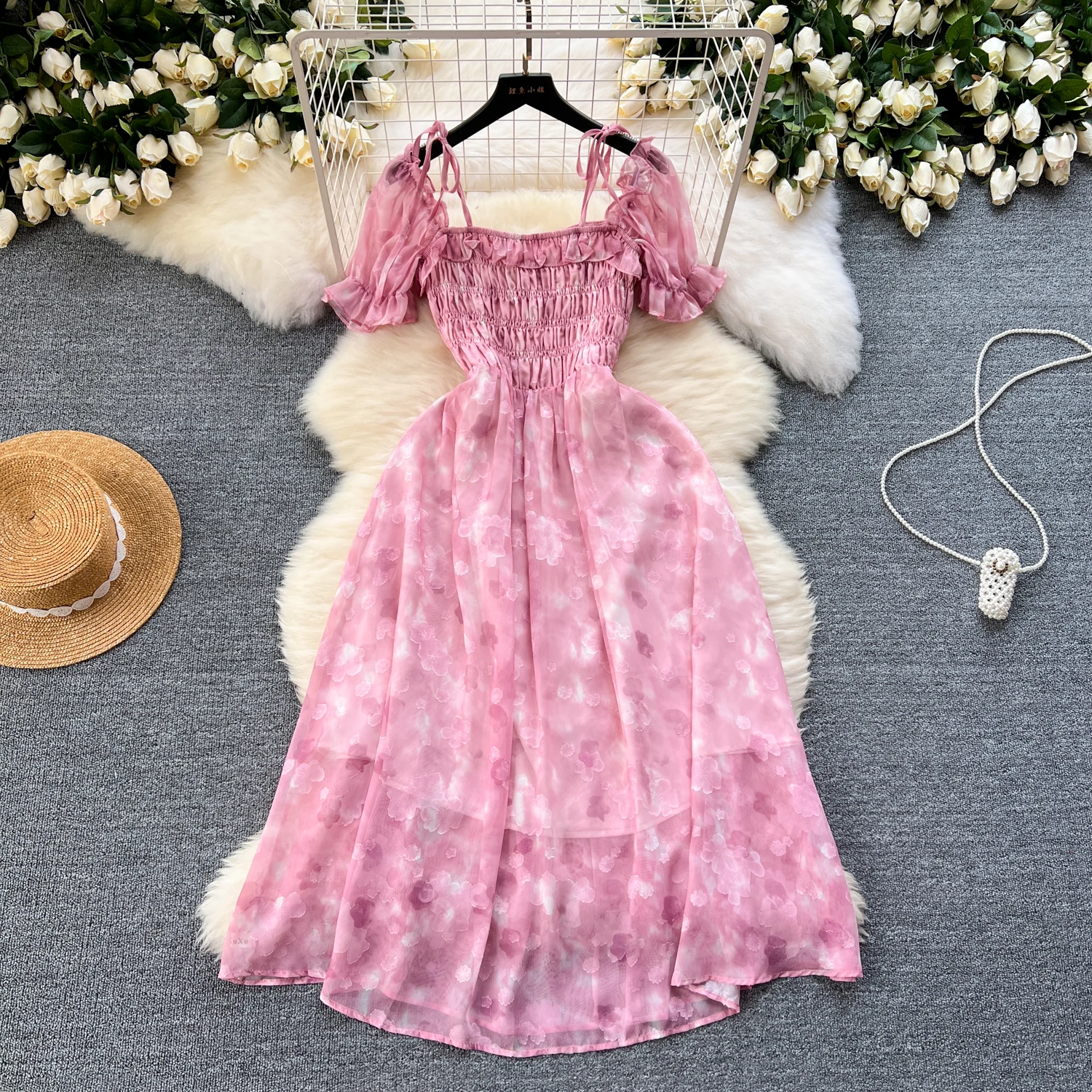 

French Retro sweet Print Elegant Dress Basics Puff Sleeve Casual Square Neck High Waist Women Summer chiffon Dresses