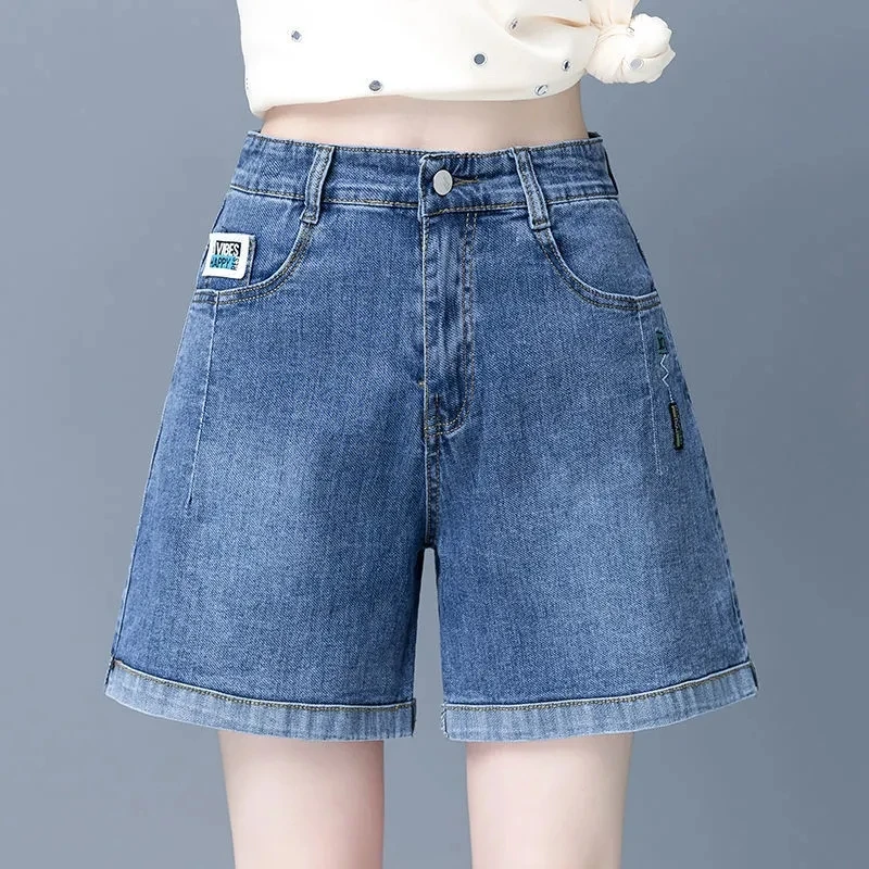 Plus Size Embroidery Denim Women's Shorts Turning Edge Thin Loose Wear Wide Legs High Waist Euryscelia Slim Women Quarter Pants
