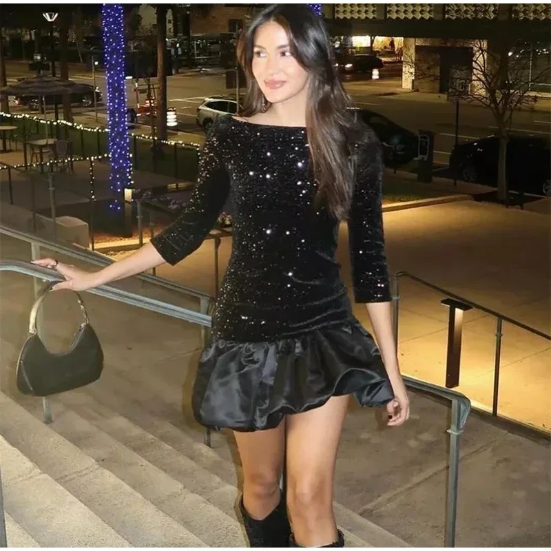 Vestido corto sexy con lentejuelas Y2K y volantes para mujer, elegante, sin espalda, cuello redondo, manga larga, negro, ajustado, para fiesta de otoño