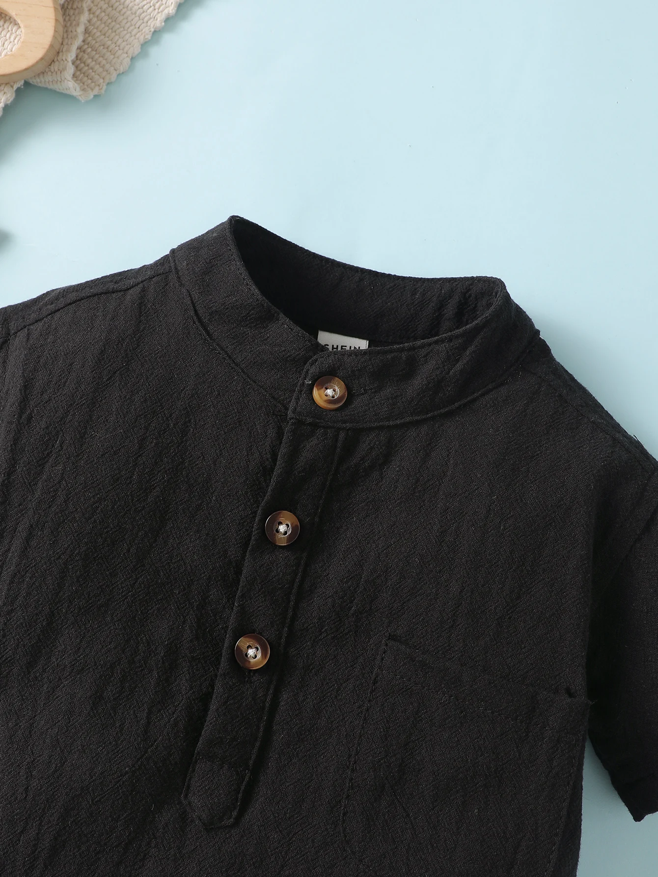 Baby Boy Small Stand Collar T-Shirt All-Match Short-Sleeved Pocket Anti-Dirty Pure Black Top
