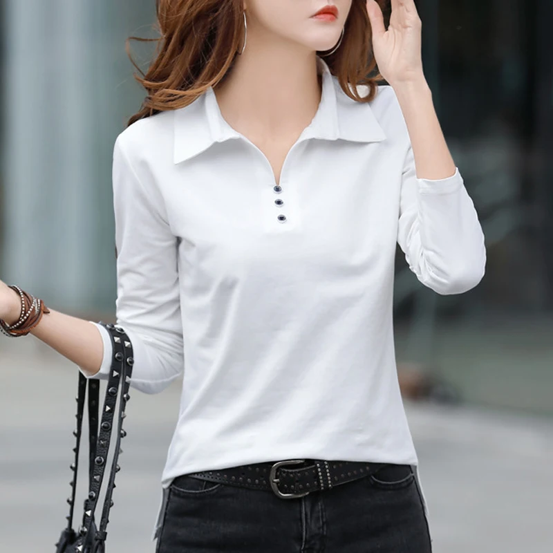 HI-FASHION Cotton T Shirt Office Woman Spring Casual Long Sleeve Lapel T-shirt Autumn Loose Korean Style Plus Size Female Shirts
