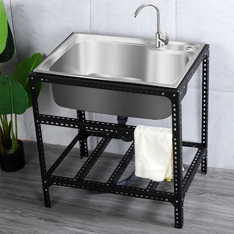 Kitchen Simple Stainless Steel Sink Vegetable Basin with Bracket Single Groove Water Tank Basin Household Sink Wash