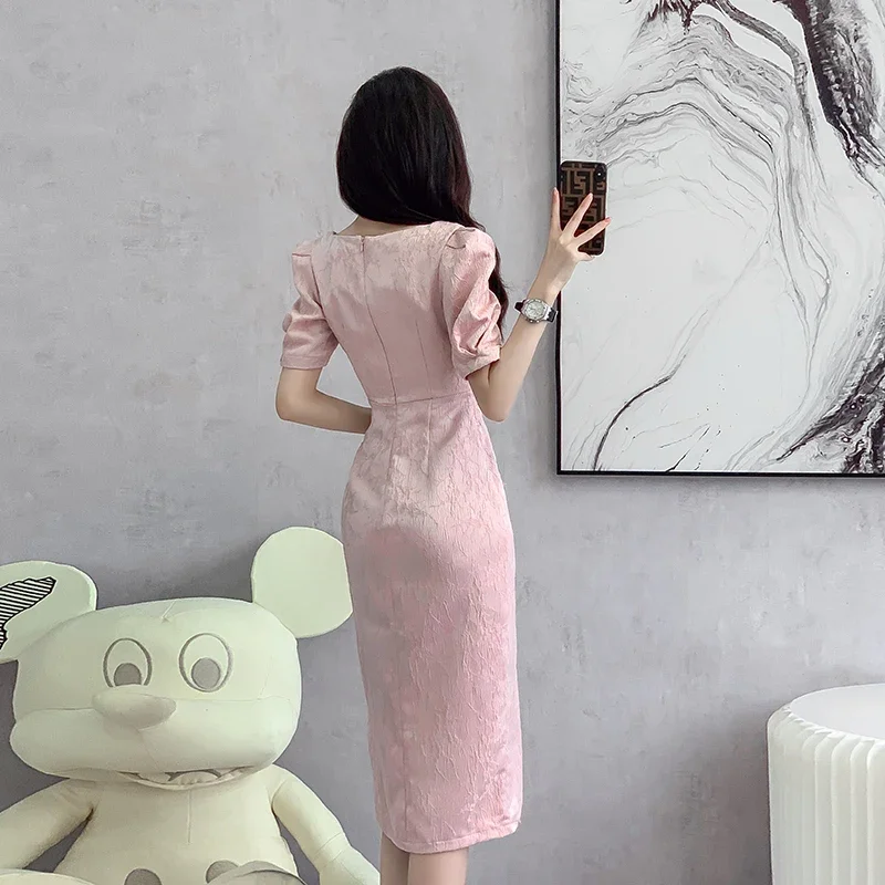 Ofallsis Pink Vintage Fashion Temperament Gentle Improved Cheongsam Dress Summer New Gentle Elegant Style Long Dresses