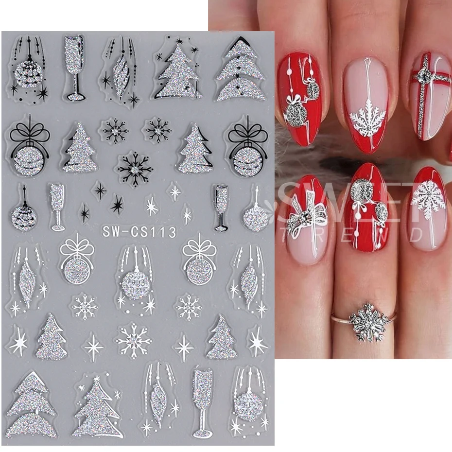 Silver Glitter Christmas Nail Stickers 3D Winter Tree Snowflake Feather Leaf Lantern Gift Wine Holographic Manicure Slider Tips 2