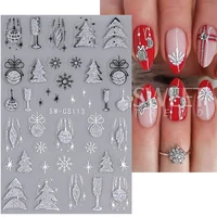 Silver Glitter Christmas Nail Stickers 3D Winter Tree Snowflake Feather Leaf Lantern Gift Wine Holographic Manicure Slider Tips 2