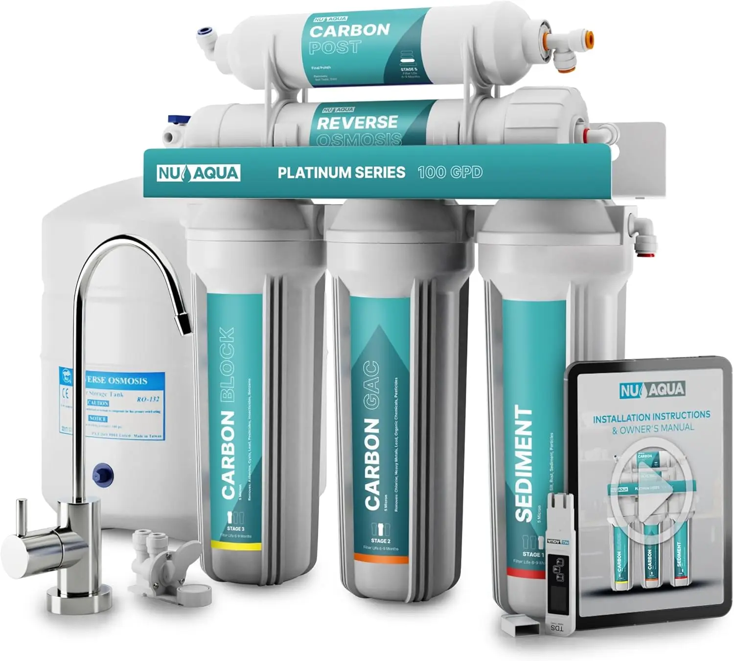5-Stage Under Sink Reverse Osmosis Water Filter System-100 Filtration w/Faucet & Tank-PPM Meter 100GPD Unde