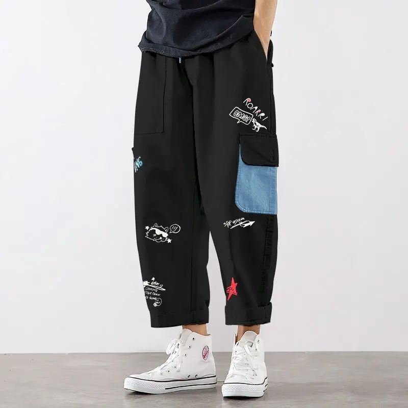 Elegant Fashion Harajuku Slim Fit Ropa Hombre Loose Casual All Match Cropped Pants Patchwork Printed Pockets Straight Leg Pants