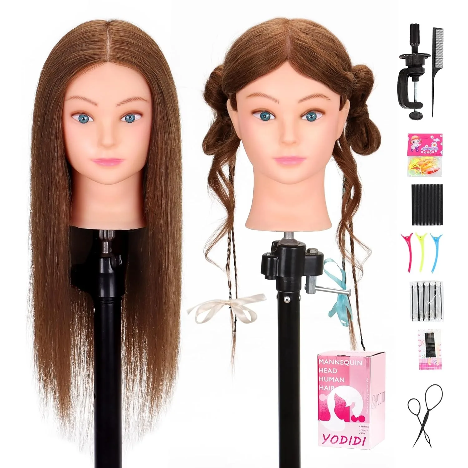 Human Hair Mannequin Head With Thick 80% Real Hair Mixed Synthetic Hair Training Practice Doll Head With Stand For Christmas Day