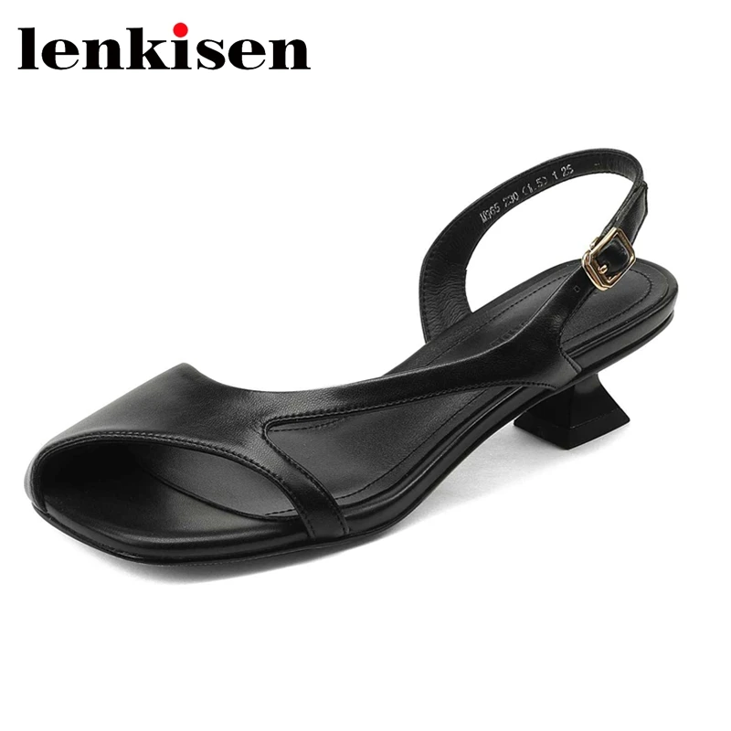 

Lenkisen Genuine Leather Peep Toe Strange Med Heel Summer Shoes Special Design High Street Fashion Solid Cozy Women Sandals L65